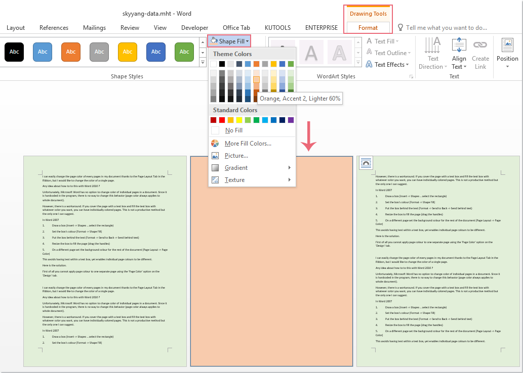 how to colour one page in word