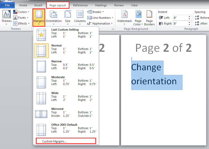 how do you orientate one page in word