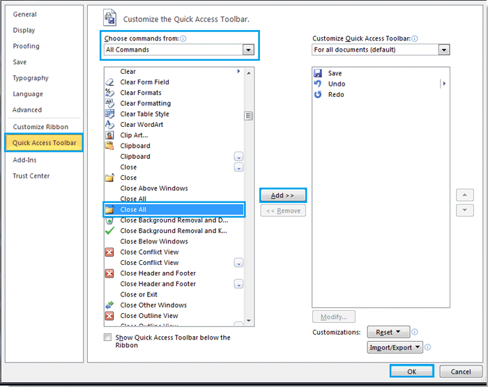 How to close all open documents or windows in Word