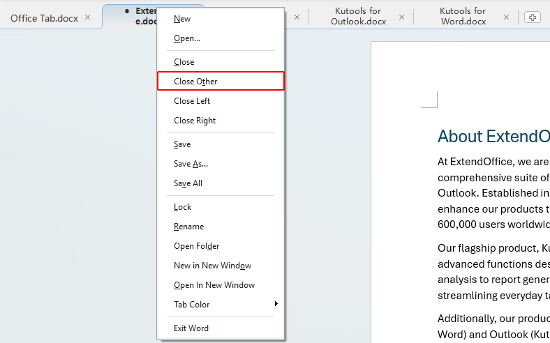 Right-clicking menu in Word showing the Close Others option