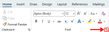 Font dialog box launcher in the Font group on the Home tab in Word