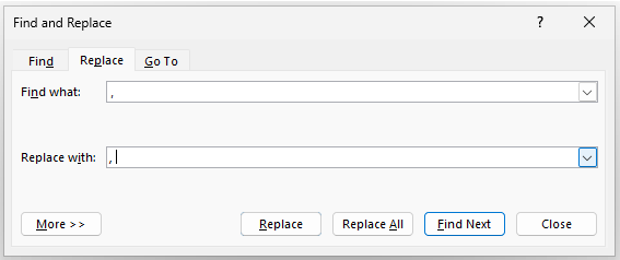 The Find and Replace dialog box