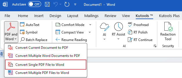 click Convert Single PDF File to Word feature