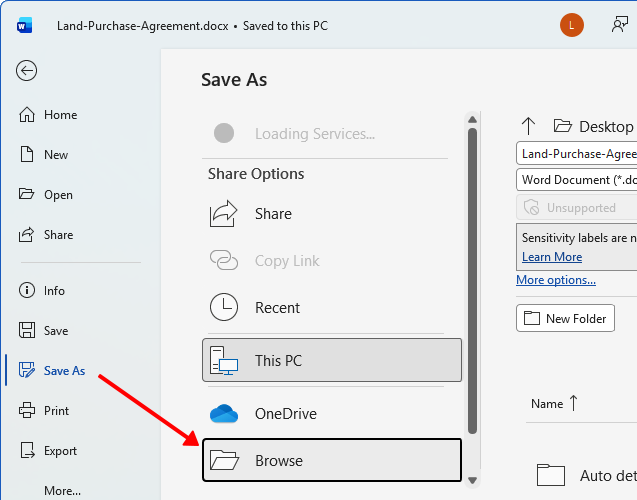 Click File, then Save As, and select Browse in Word