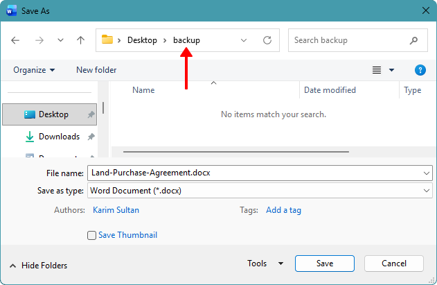 Save As window showing how to select a destination folder in Word