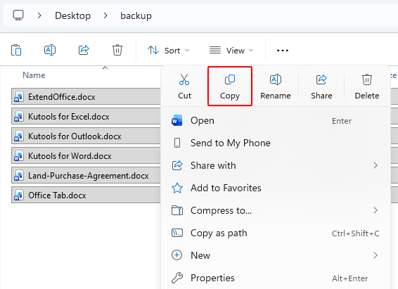 Select all files in a folder and right click to copy them in File Explorer