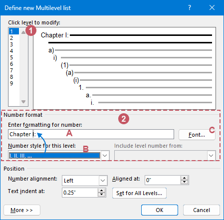 Define New Multilevel List dialog box with the 1st level selected