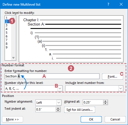 Define New Multilevel List dialog box with the 2nd level selected