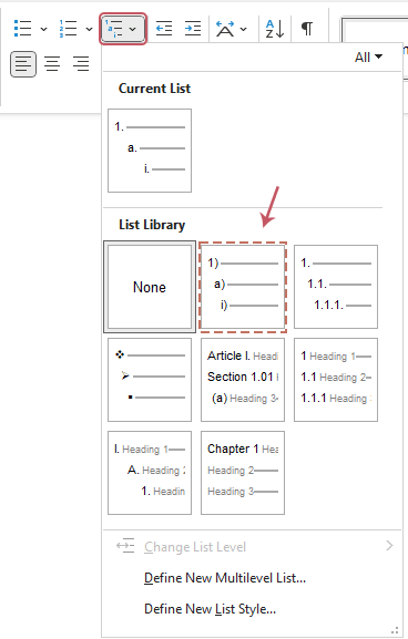 Multilevel List dropdown expanded