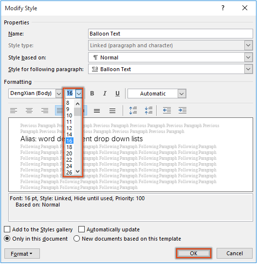 word for mac track changes balloon size