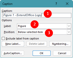 Set the caption label, text, and position in the Caption dialog box