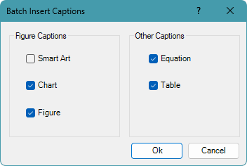 Select the object types to caption in the Batch Insert Captions dialog