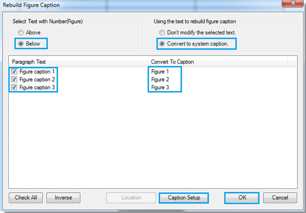 How to convert text to captions for tables, figures, equations in word?