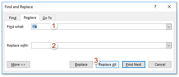 microsoft word find and replace section breaks