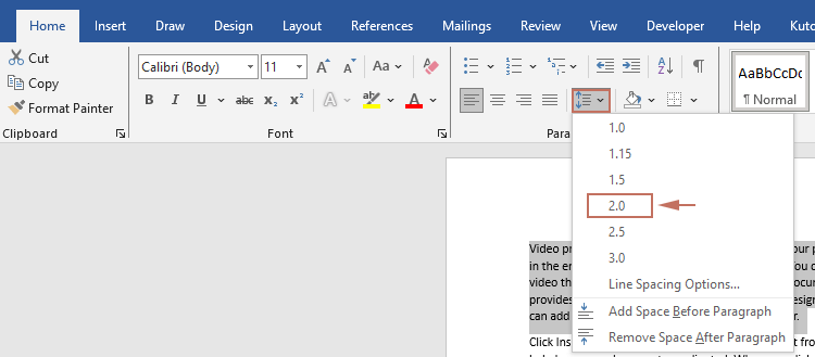 2.0 option on the Line and Paragraph Spacing dropdown