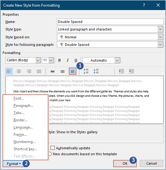 Create New Style from Formatting dialog box