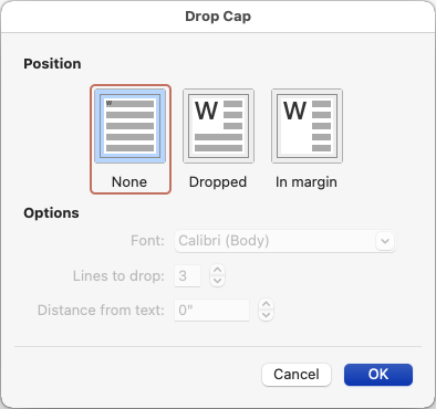 Drop Cap dialog box