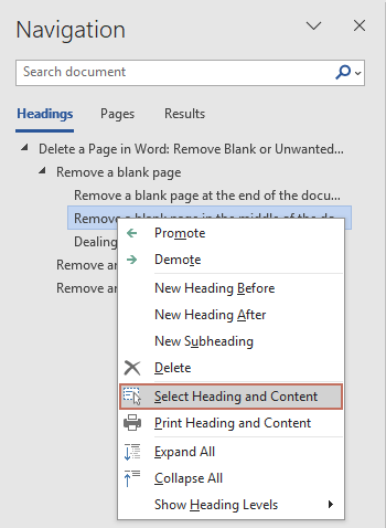 Select Heading and Content option from the Navigation Pane