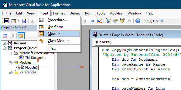 Code pasted to a module in the VBA window