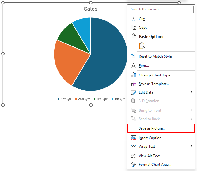 Right-click menu of a chart in Word showing the Save as Picture option