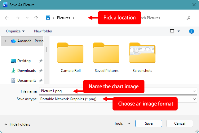 Save As Picture dialog box in Word showing location selection, file name, and image format options