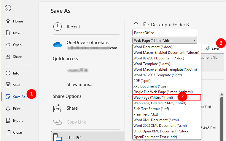 Save As options in Word with Web Page HTML selected as the file type
