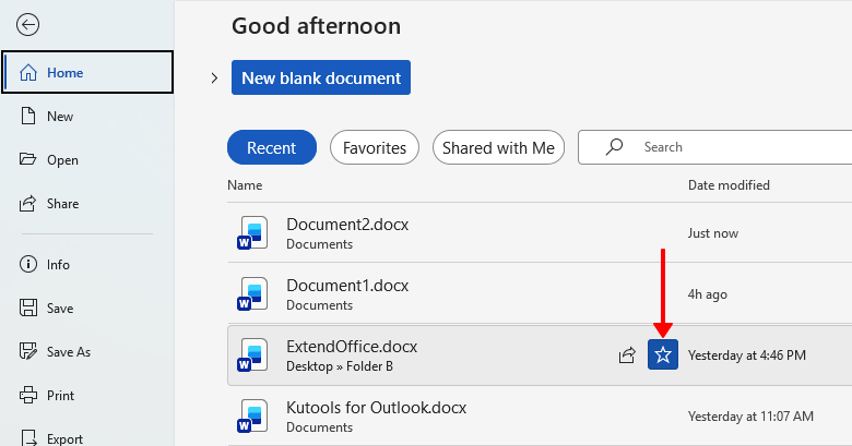 Add a Word document to Favorites