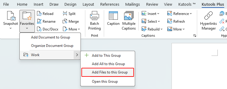 Add Files to this Group option in the Kutools Favorites menu on the Word ribbon