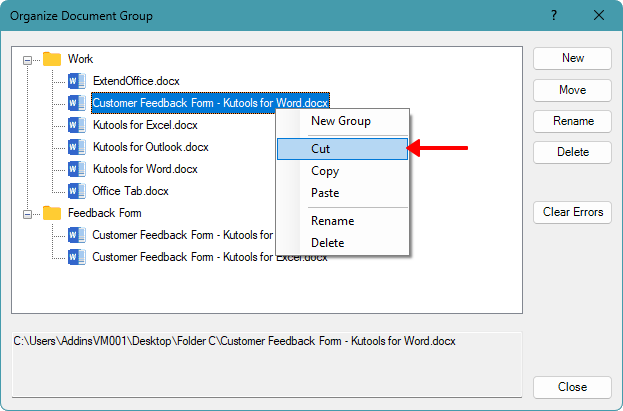 Cutting a document from a document group in the Organize Document Group dialog