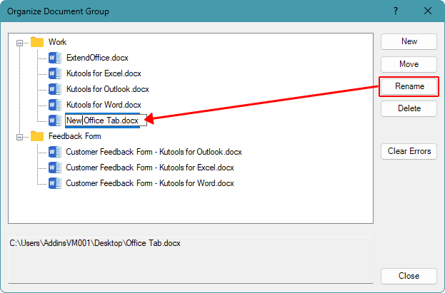 Renaming a document in the Organize Document Group dialog