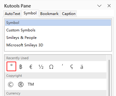 Recently Used Symbols list in the Symbol Menu
