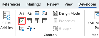 The checkbox icon in the Controls group on the Developer tab