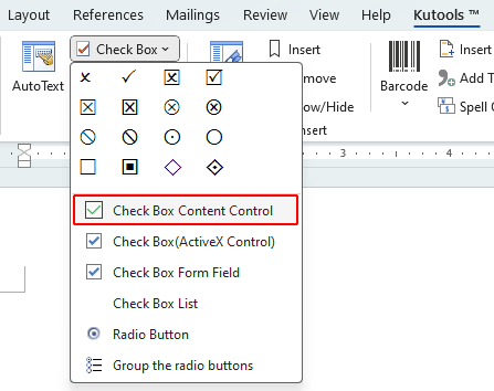 The Check Box Content Control option on the ribbon