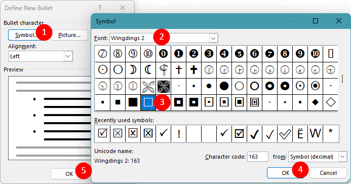 The Content Control Properties dialog box and Symbol dialog box