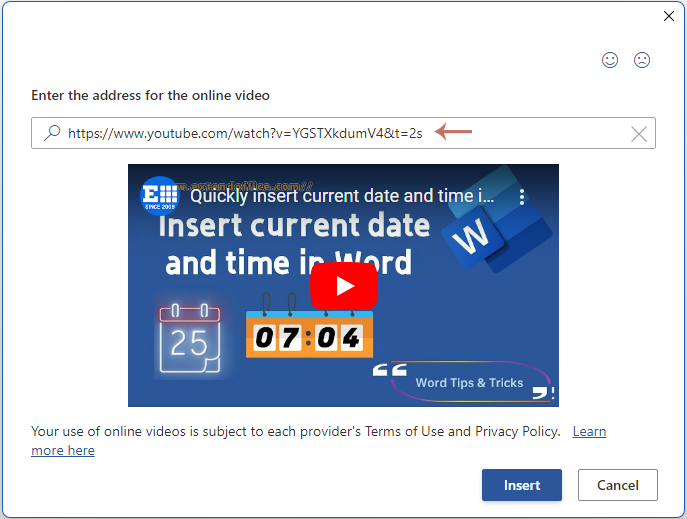 Insert Online Videos dialog