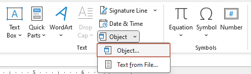 Object option on the ribbon