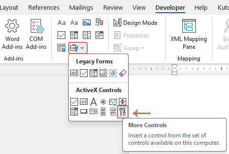 Developer tab with Legacy Tools selected and More Controls option highlighted