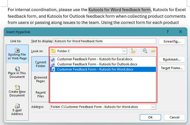 Insert Hyperlink dialog