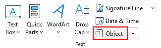 Object button on the Word Ribbon