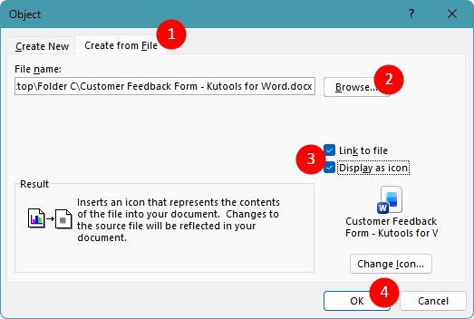 Object dialog with Create from File options in Word