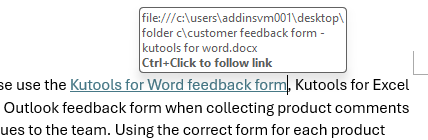 File hyperlink applied to selected text in Word