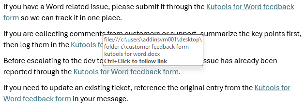 Word document showing repeated text 'Kutools for Word feedback form' converted into hyperlinks with a tooltip displaying the file path
