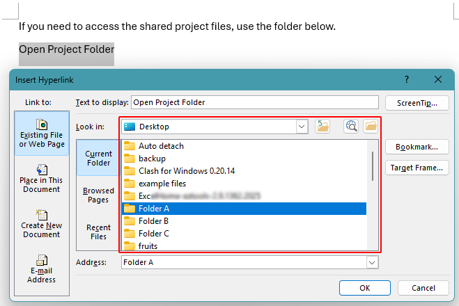 Insert Hyperlink dialog