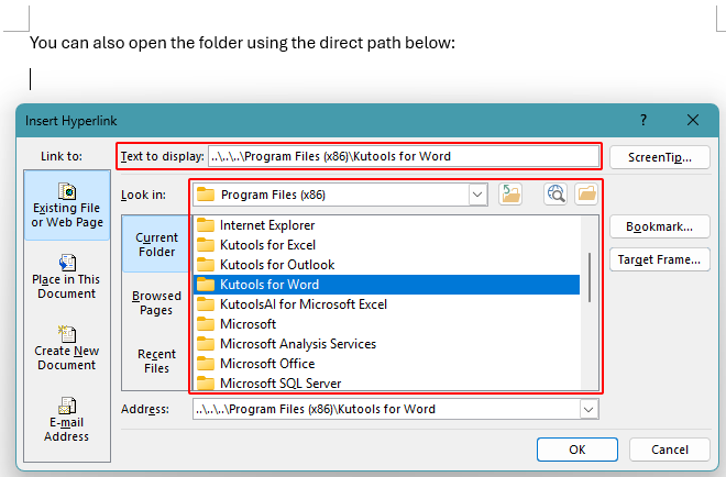 Folder hyperlink applied to the cursor location in Word