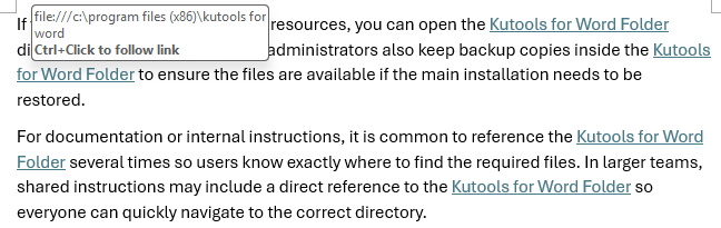Word document showing repeated text 'Kutools for Word Folder' converted into hyperlinks with a tooltip displaying the folder path