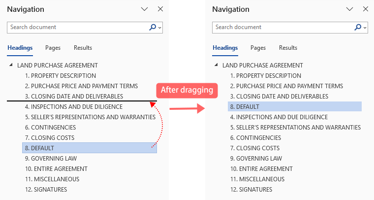 Drag a heading to move an entire section