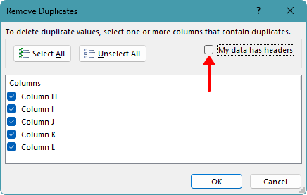 Remove Duplicates dialog in Excel