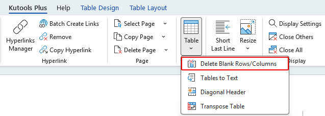 Kutools menu - Delete Blank Rows/Columns