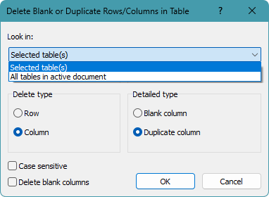 Delete Blank or Duplicate Rows/Columns dialog - Duplicate column