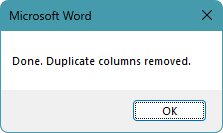 Confirmation dialog showing duplicate columns removed